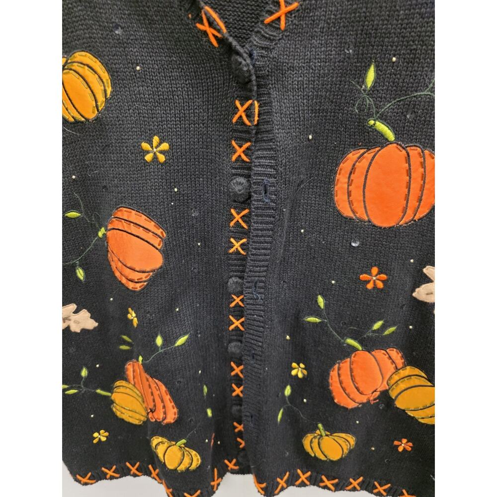 Vintage 90s Basic Editions 2X Halloween Black Sweater Vest Fall Pumpkins - Picture 3 of 9